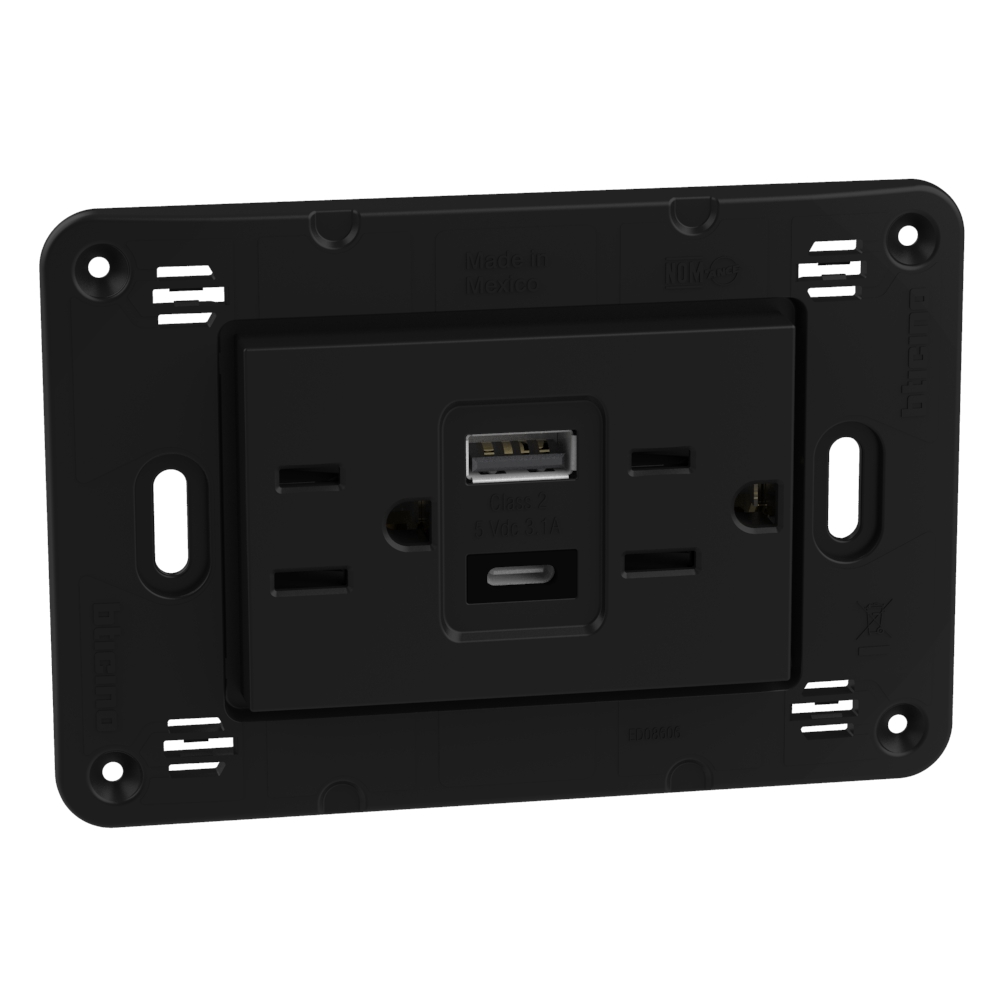 American standard 2 P+E 15 A 127/250 VA universal duplex socket - 5 Vd.c. type A and C USB charger
