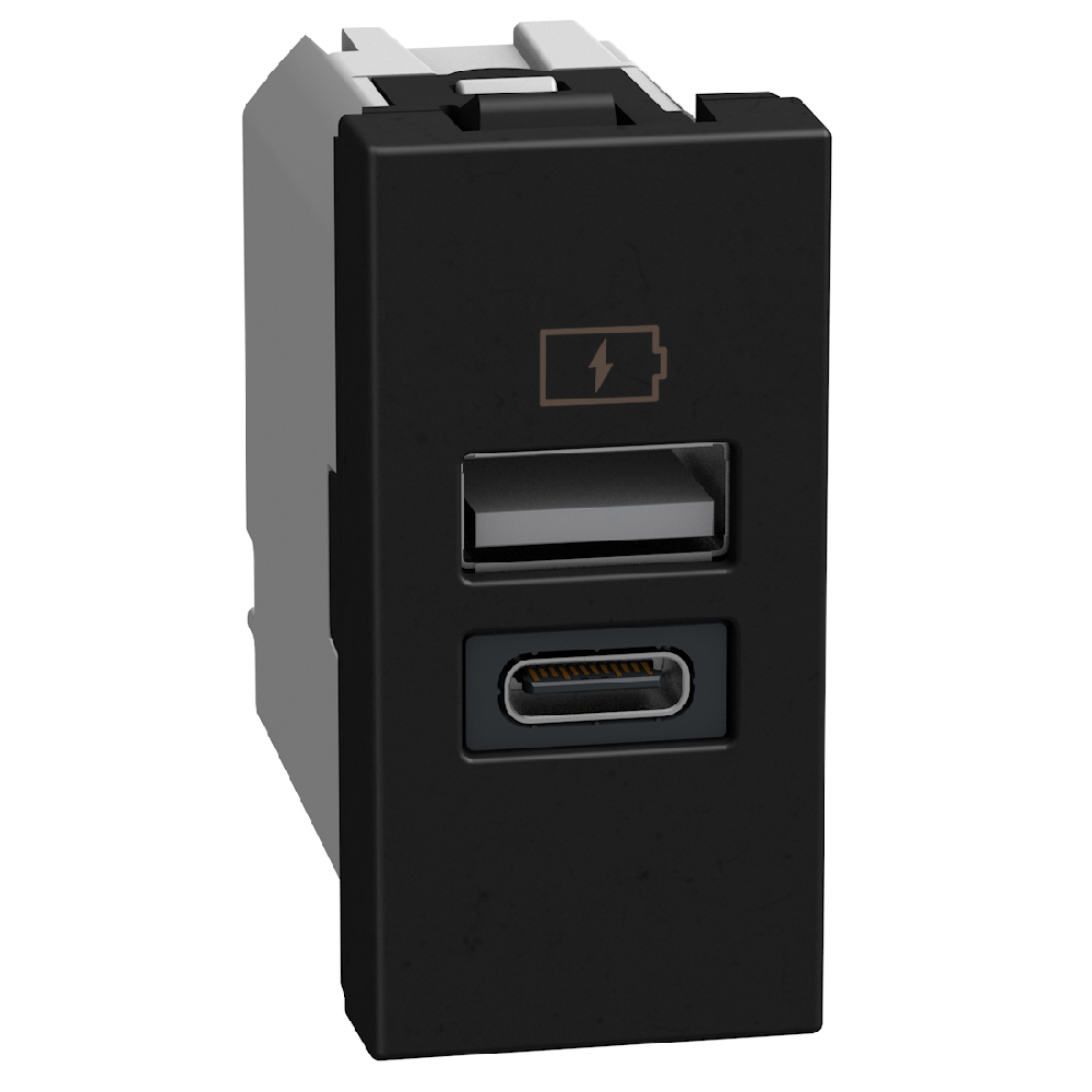 Double USB sockets - Type-A + Type-C 15 W - 1 module - dark