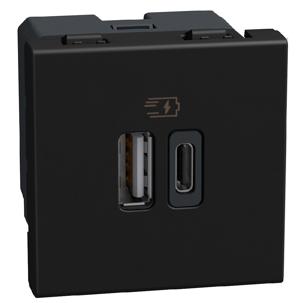 Double USB sockets - 2 x Type-A + Type-C - 15 W - 2 module - dark