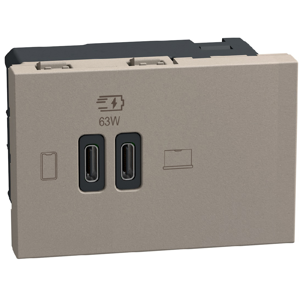Double USB sockets - 2 x Type-C 63 W - 3 modules - stone