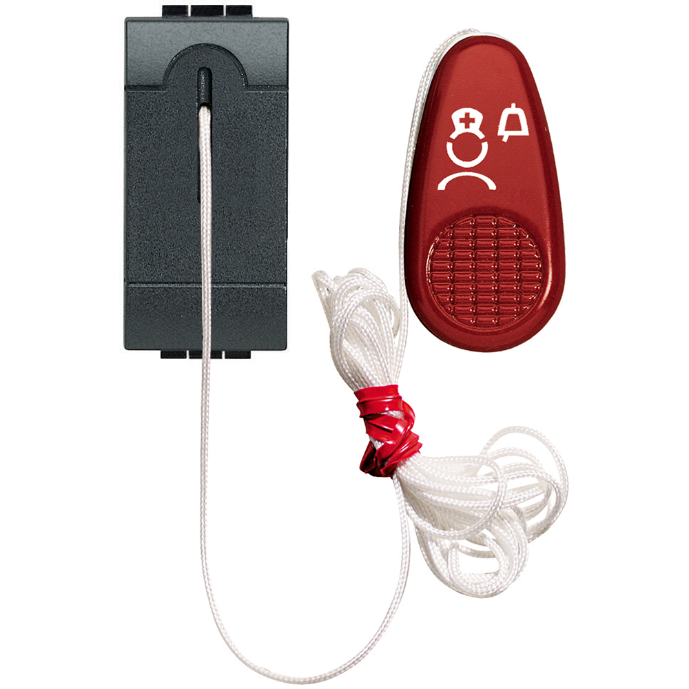 Cord pushbutton (NC/NO) to be installed in the bathroom. Handle red color and icon with a nurse to activate request for assistance.