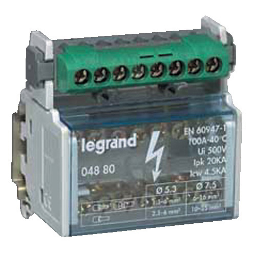 Répartiteur monobloc 2P à bornes 125A -15 connexions par barreau - 8 modules DIN