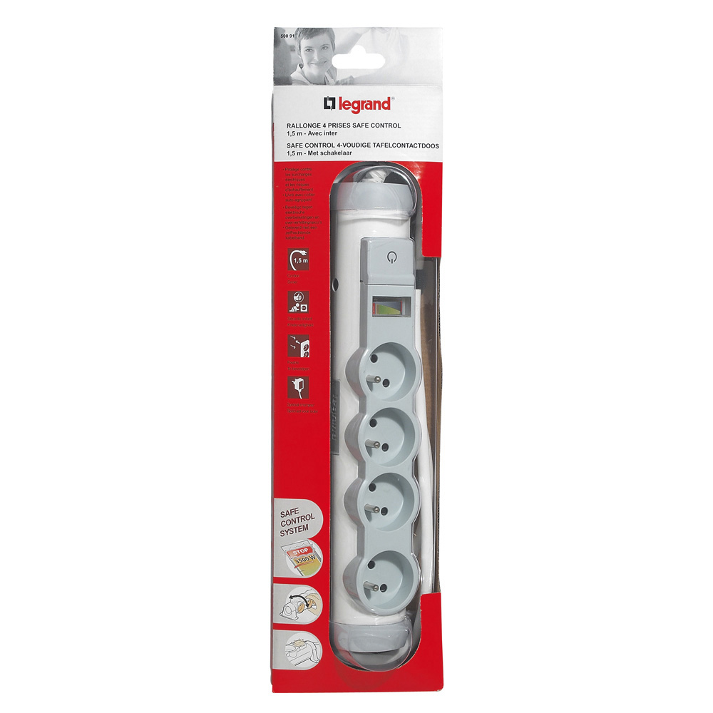 Rallonge multiprise 4x2P+T 16A 230V avec indicateur de surcharge Safe Control et disjoncteur - blanc et gris