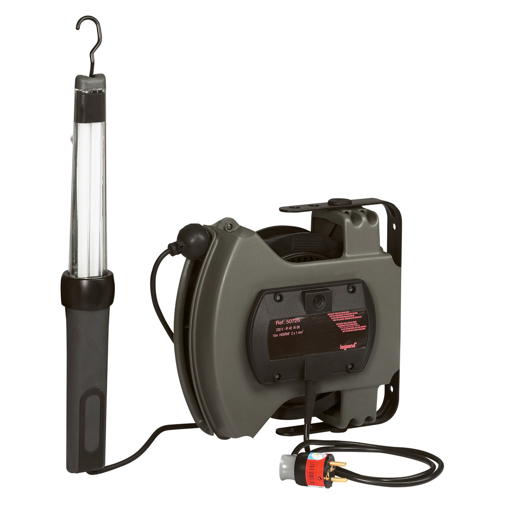 Baladeuse 230V~ 11W fluorescente IP42 IK08 avec interrupteur et enrouleur à rappel automatique