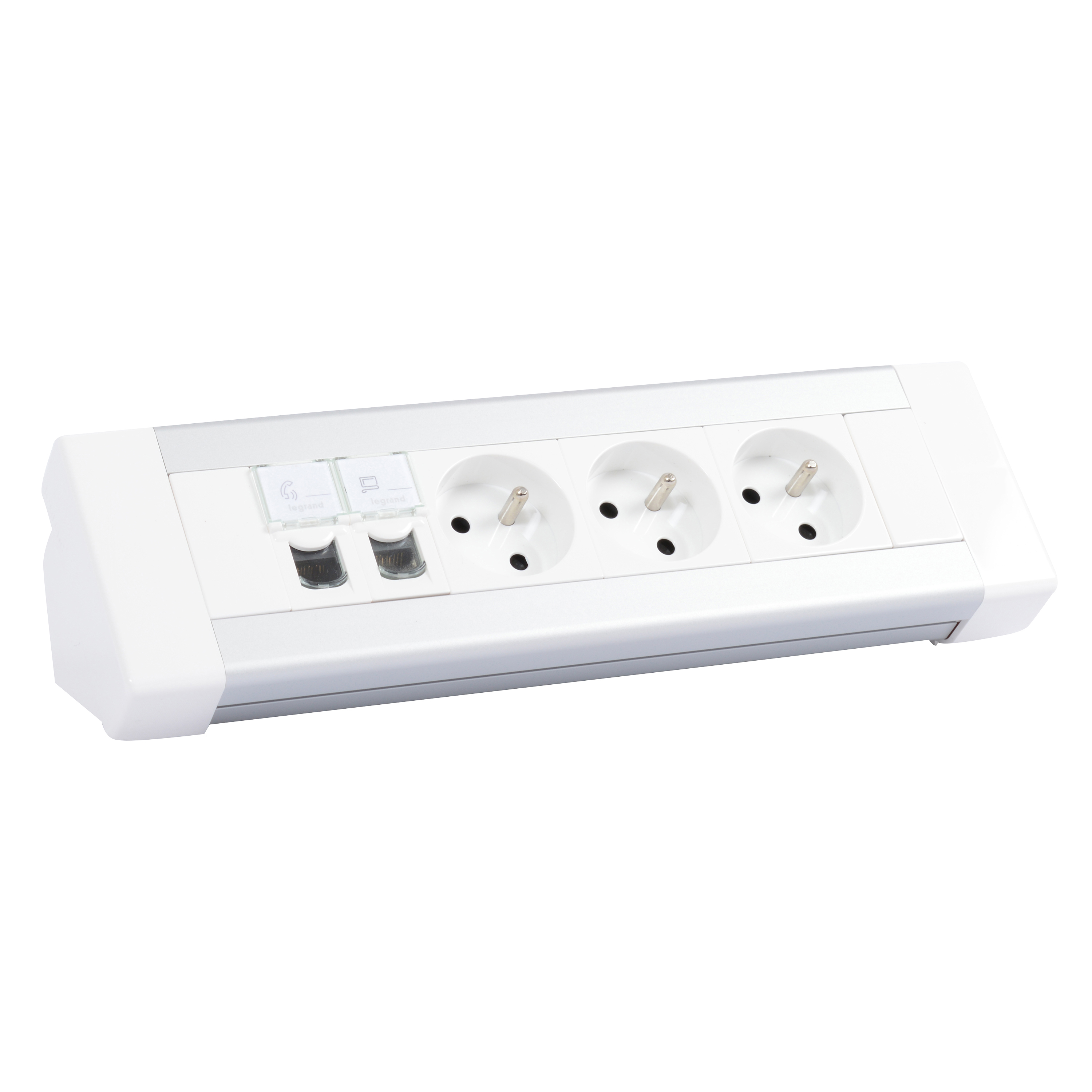 Bloc bureau équipé de 3x2P+T , 2 prises RJ45 et 2 obturateurs 1 module à câbler