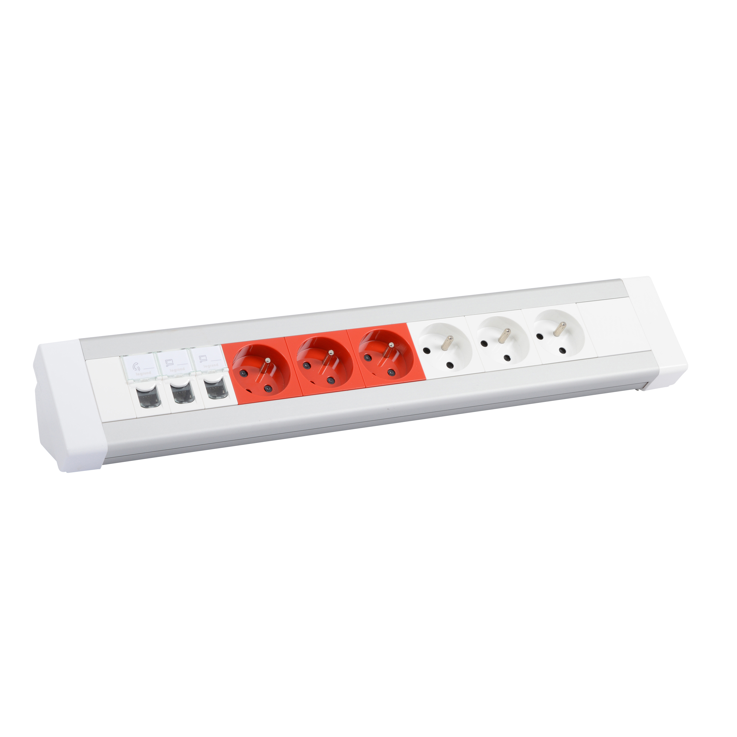 Bloc bureau équipé 6 prises 2P+T + 3 prises RJ45 + obturateur + module à câbler