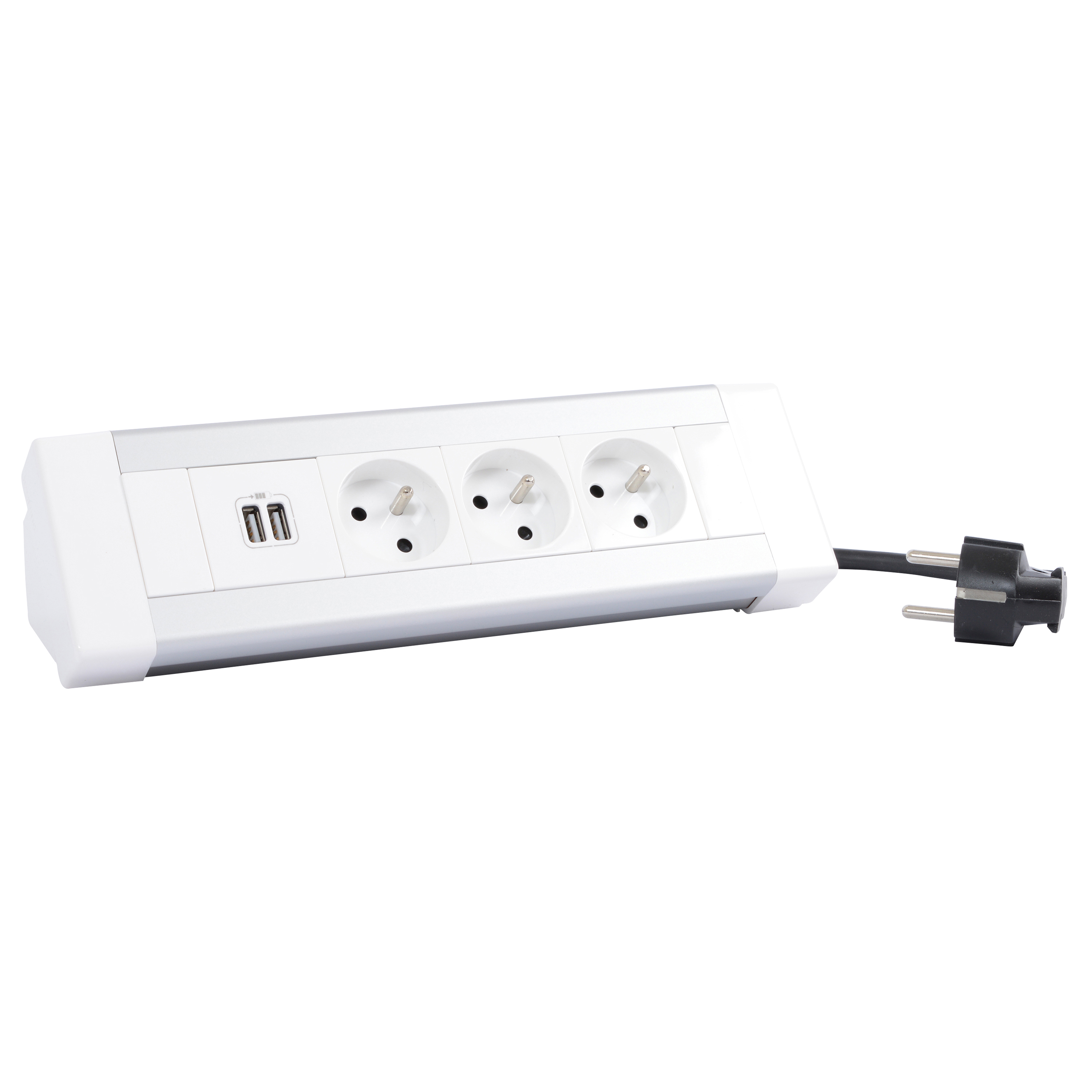 Bloc bureau équipé de 3 prises 2P+T et 1 chargeur double USB 2,4A