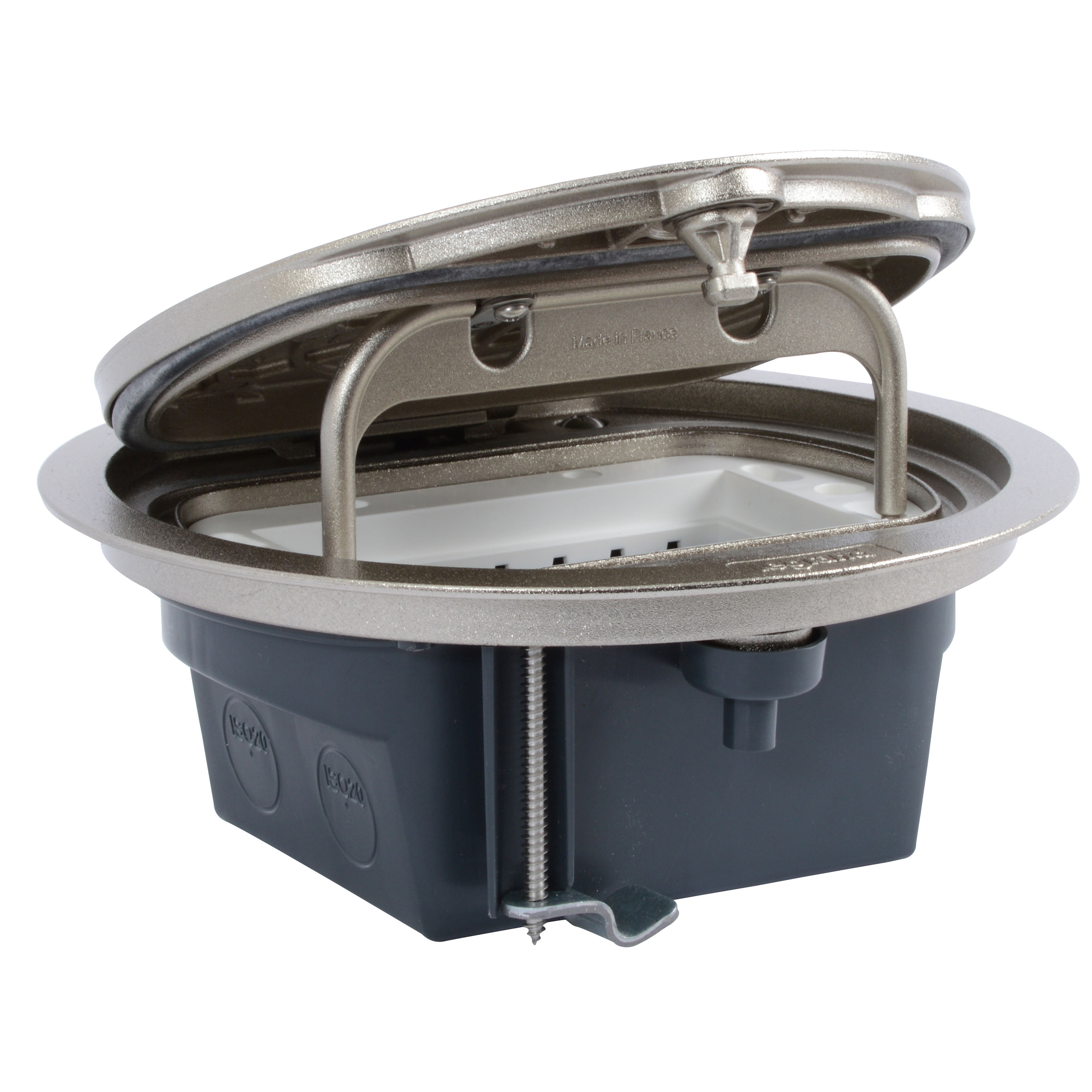 Round waterproof floor box with hinged lid for wiring devices 4 