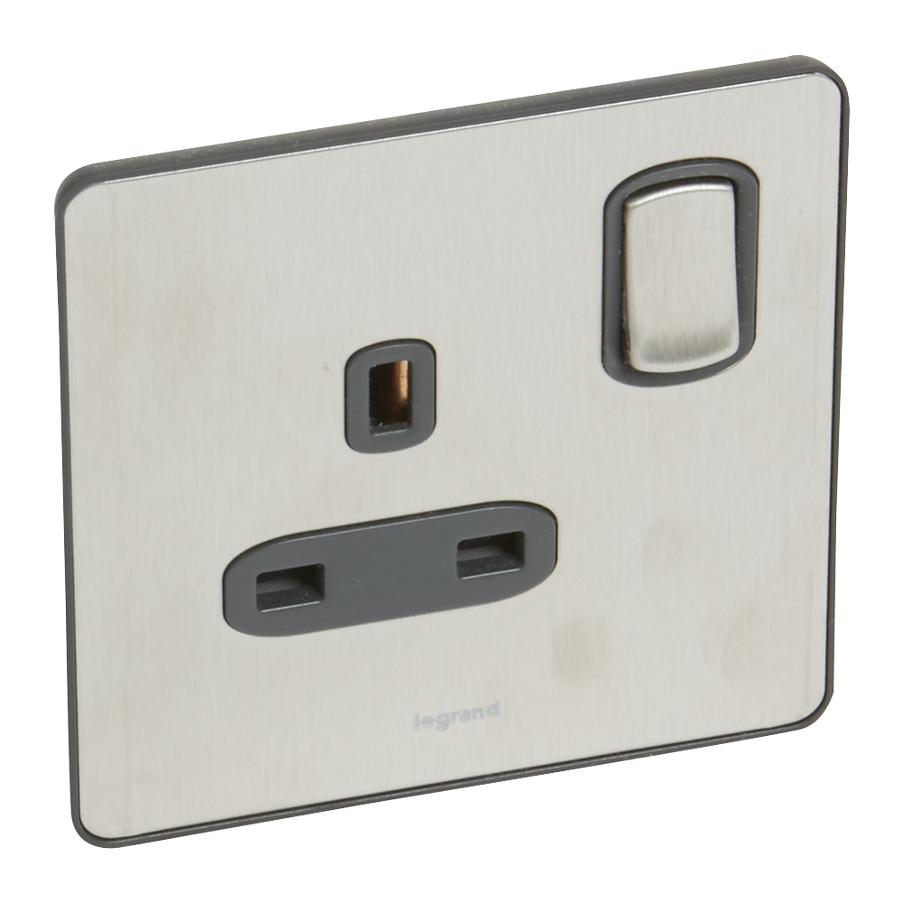 Synergy Sleek Double Pole Switched Socket Outlet 13A 1 Gang Brushed Synergy Sleek Double Pole Switched Socket Outlet 13A 1 Gang Brushed