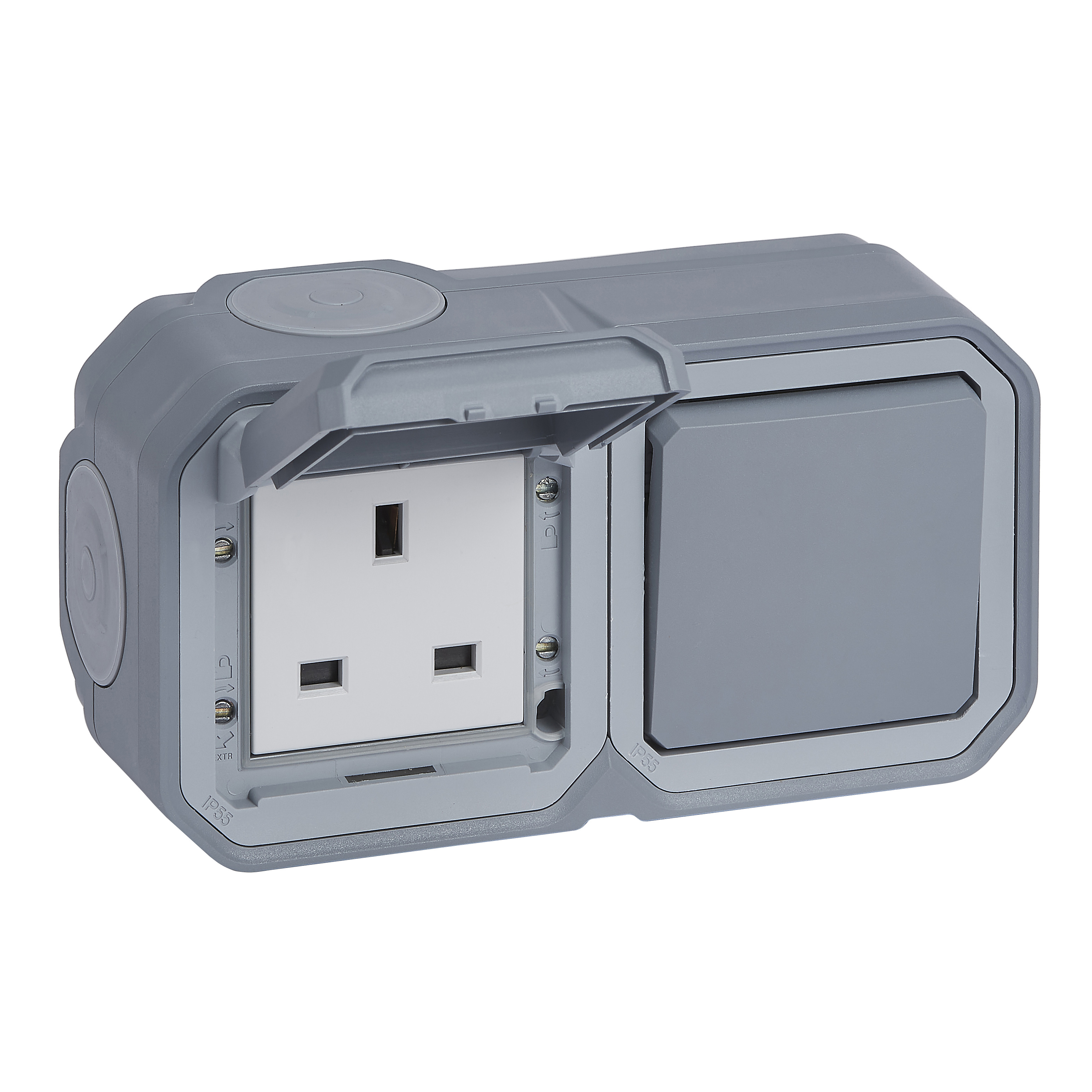 Plexo 2 Gang British Standard 13a Socket Outlet 2 Way Switch 