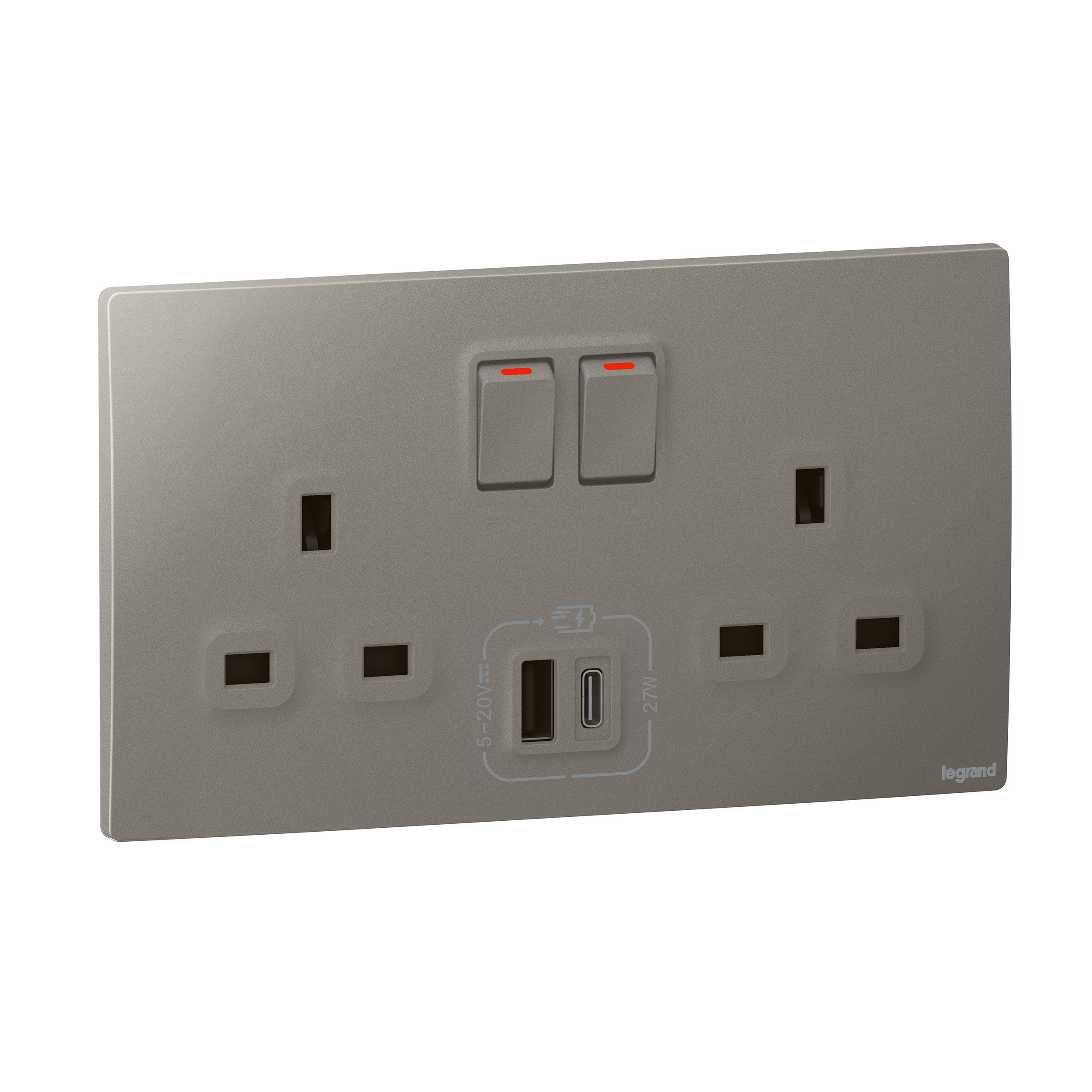 Mallia Senses 2 gang single pole switched socket outlets - with USB A+C 27W  charger, 281137DS, 3414972425766