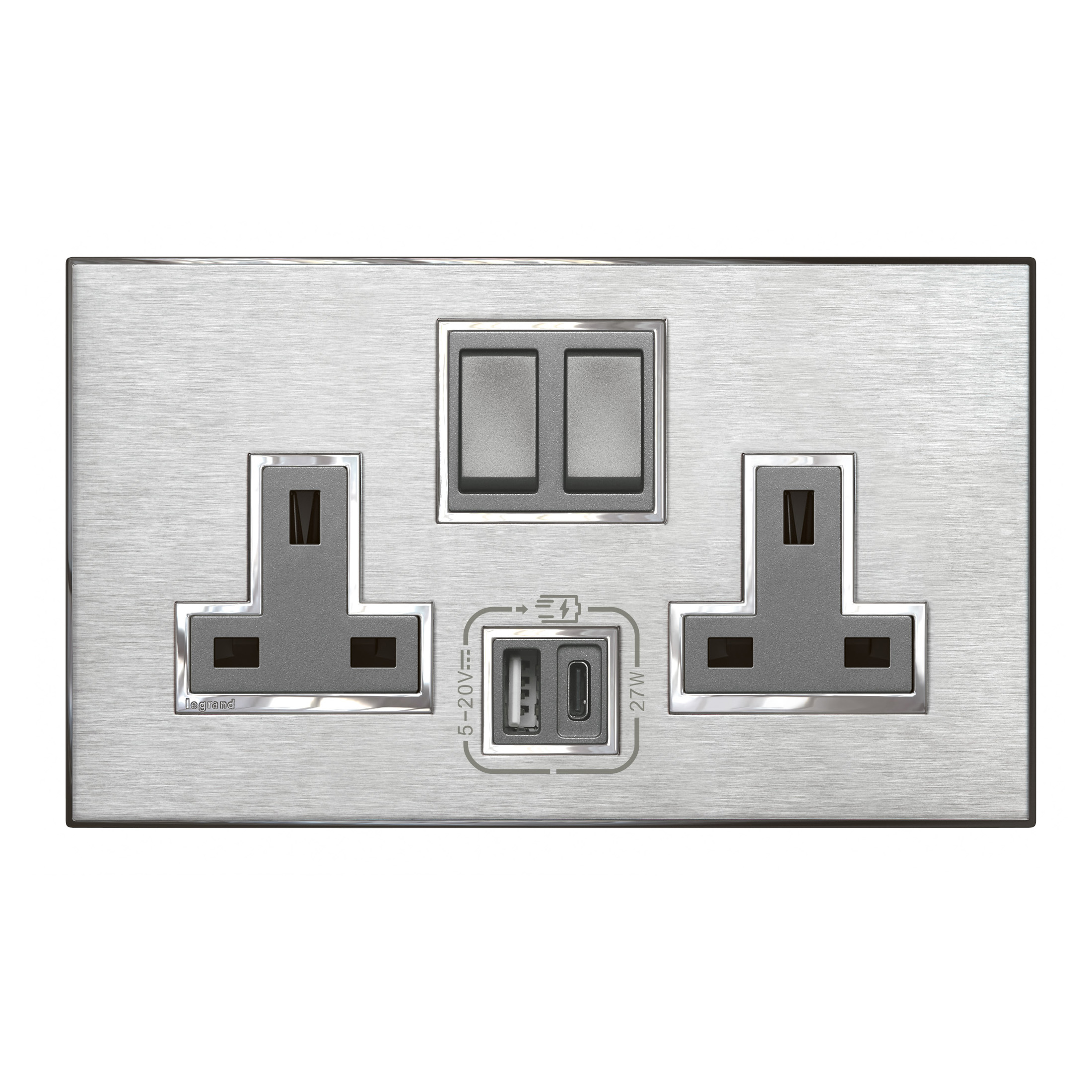 Arteor 2 gang single pole switched outlets - with USB A+C 27W charger, 572807, 3414972511056