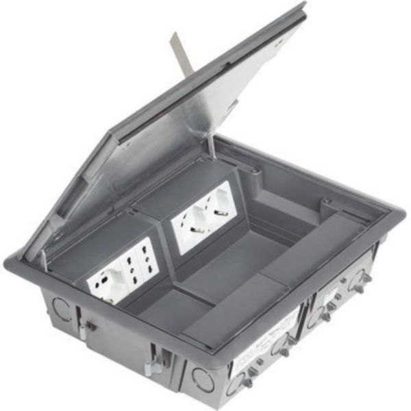 Floor boxes for installation in floating and concrete floors. To be equipped with MatixGO functions or DIN modules. Modules 8-10. 