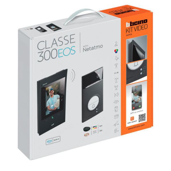 Connected hands-free video kit with Linea 3000 (Black finish) entrance panel and Classe 300EOS (Black finish) video internal unit