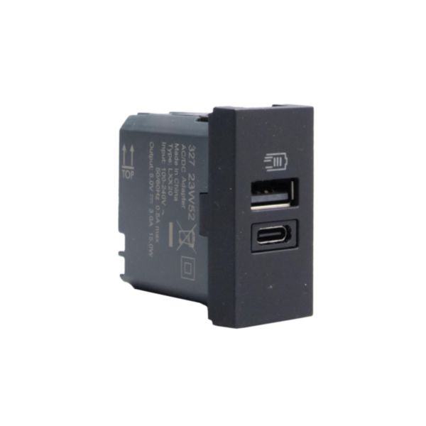 Double USB charger - Type-A + Type-C - 5 V= - 3 A - 15 W