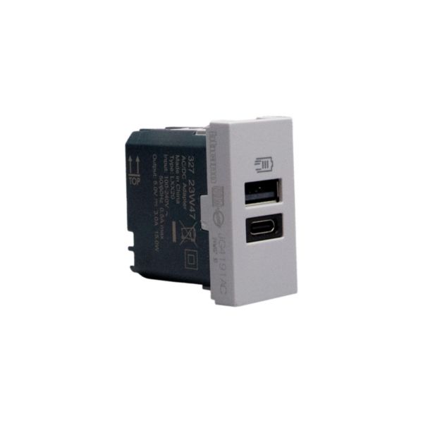 Double USB sockets - Type-A + Type-C - 5 V= - 3 A - 15 W. 