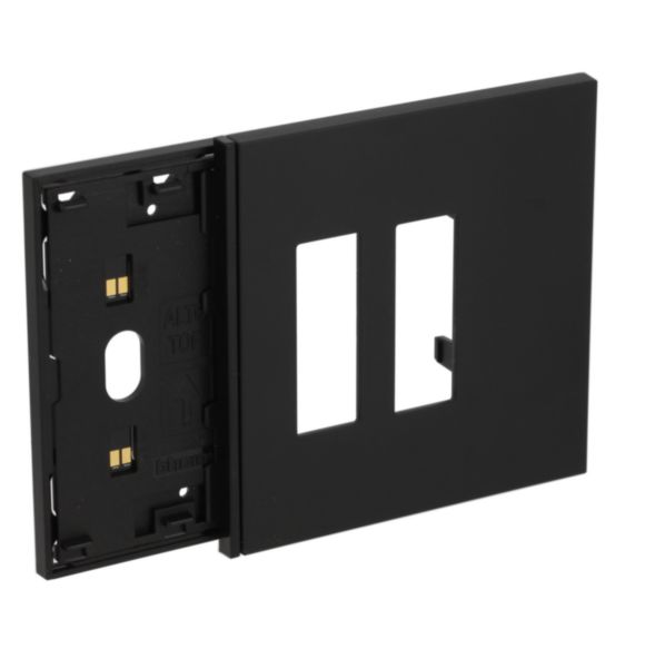 Electrified frame with double socket Italian escutcheon for 3-module box. Black.