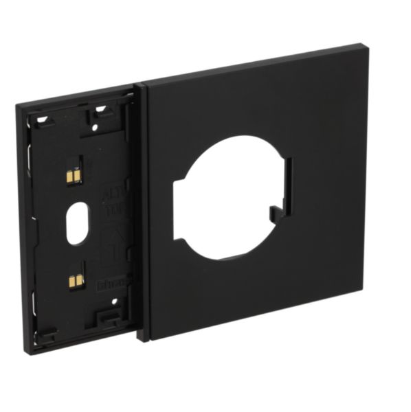 Electrified frame with Italian and German standard socket escutcheon for 3-module box. Black.