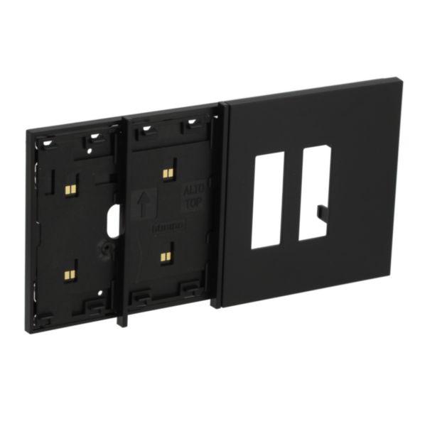 Electrified frame with double socket Italian escutcheon for 4-module box. Black.
