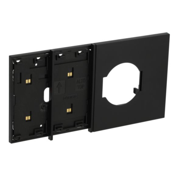 Electrified frame with Italian and German standard socket escutcheon for 4-module box. Black.