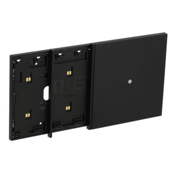 Electrified frame with anti-theft reader escutcheon for 4-module box. Black.