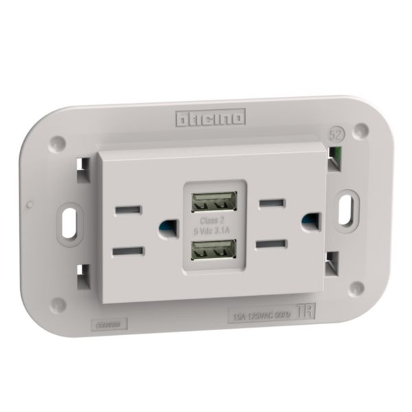 American standard 2 P+E 15 A 127/250 Vac universal duplex socket and 5 Vdc type A USB charger
