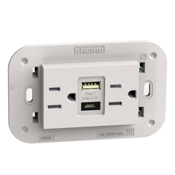 American standard 2 P+E 15 A 127/250 Vac universal duplex socket and 5 Vdc type A and C USB charger