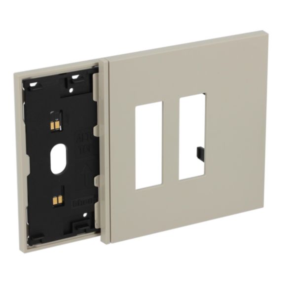 Electrified frame with double socket Italian escutcheon for 3-module box. Sand.