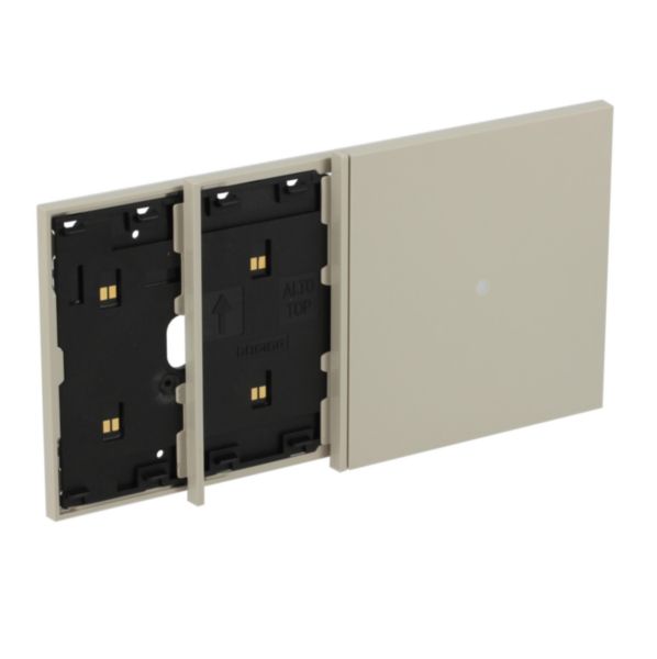 Electrified frame with anti-theft reader escutcheon for 4-module box. Sand.