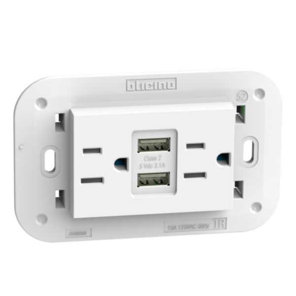 American standard 2 P+E 15 A 127/250 Vac universal duplex socket and 5 Vdc type A USB charger