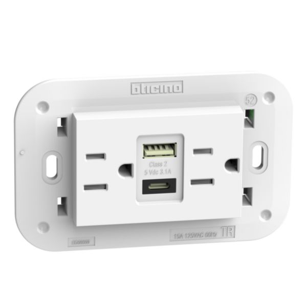American standard 2 P+E 15 A 127/250 Vac universal duplex socket and 5 Vdc type A and C USB charger