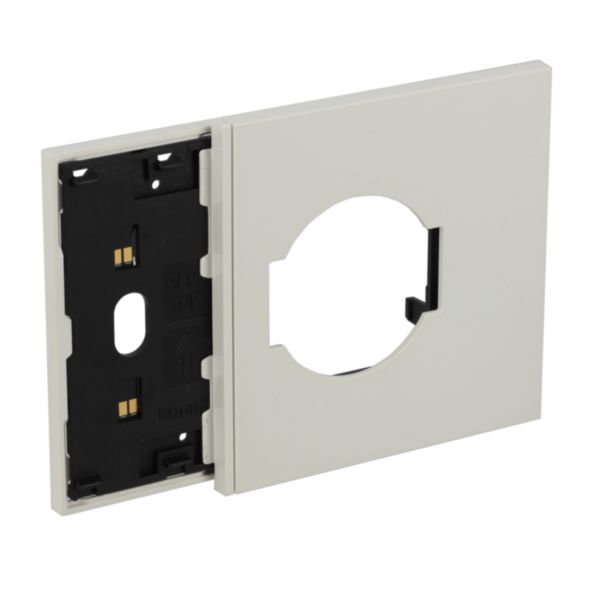 Electrified frame with Italian and German standard socket escutcheon for 3-module box. White.