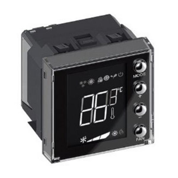 Flush mounted thermostat with backlit display for the management of different types of systems.