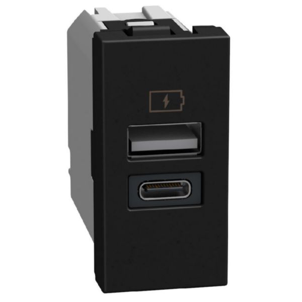 Double USB sockets - Type-A + Type-C 15 W - 1 module - dark
