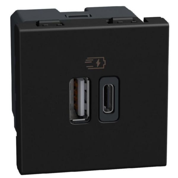 Double USB sockets - 2 x Type-A + Type-C - 15 W - 2 module - dark