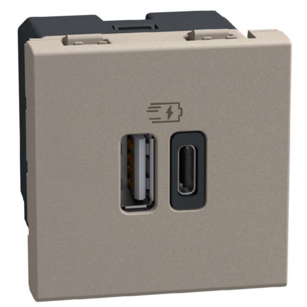 Double USB sockets - 2 x Type-A + Type-C - 15 W - 2 module - stone