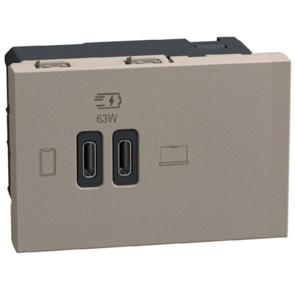 Double USB sockets - 2 x Type-C 63 W - 3 modules - stone