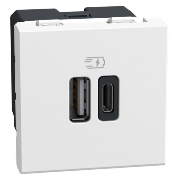 Double USB sockets - 2 x Type-A + Type-C - 15 W - 2 module - white