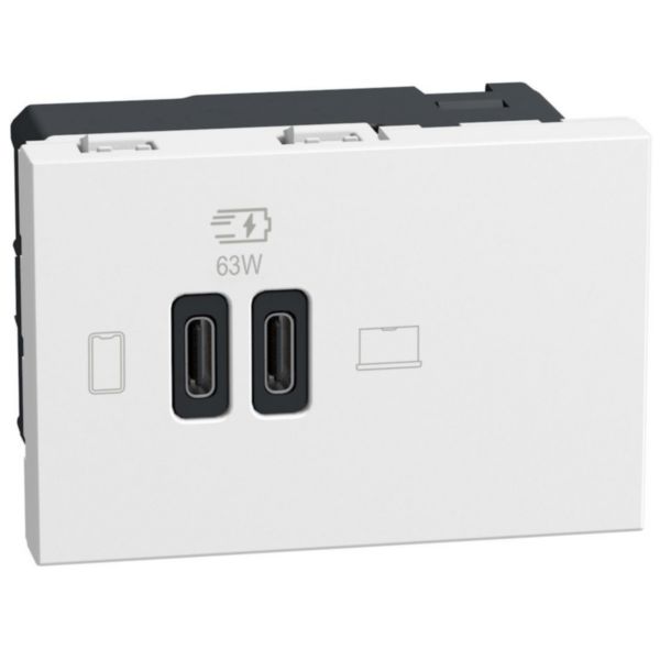 Double USB sockets - 2 x Type-C 63 W - 3 modules - white