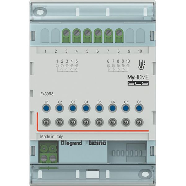 Actuator with 8 relays for on-off and motorised valves, pumps and fan coils with 2 and 4 tubes.