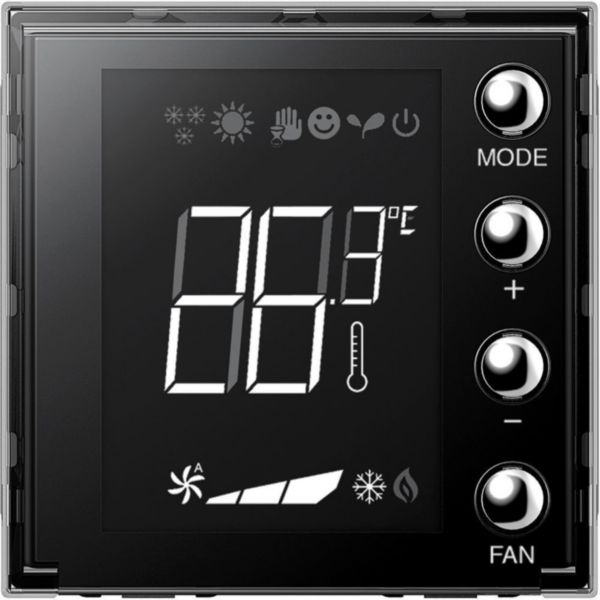 Flush mounted thermostat with backlit display for the management of different types of systems.